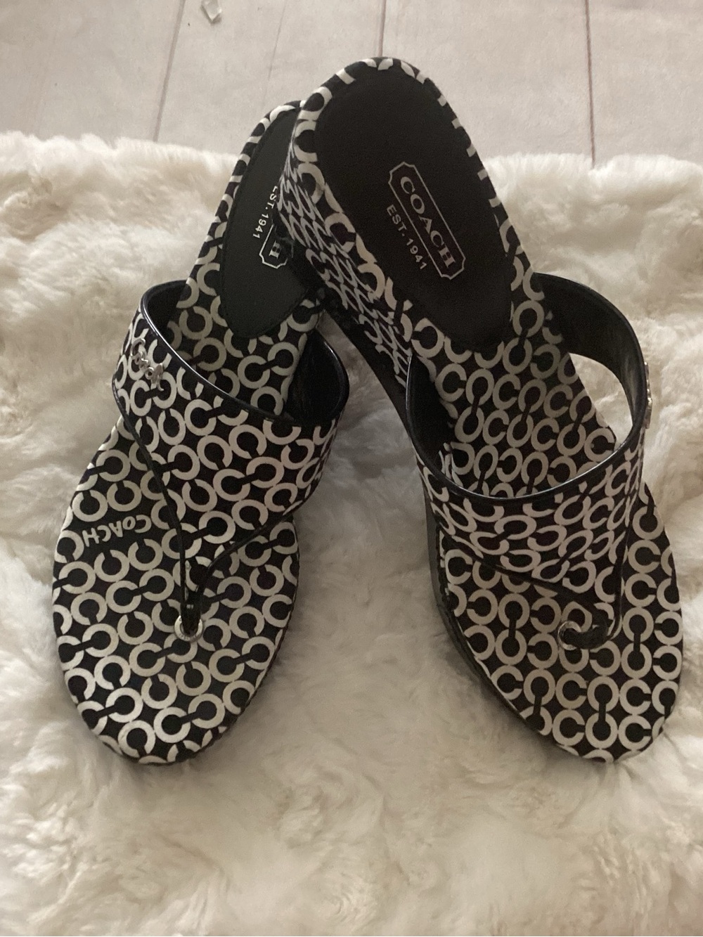 Coach Black & White Logo Platform Thong Sandals